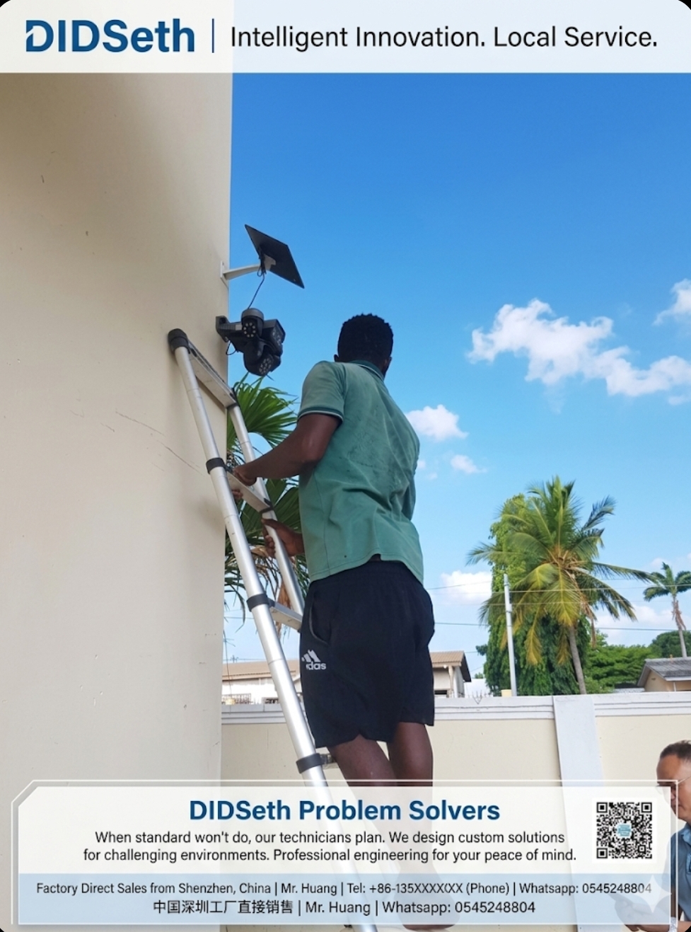 DIDSeth technician installing a solar-powered PTZ camera on a residential wall