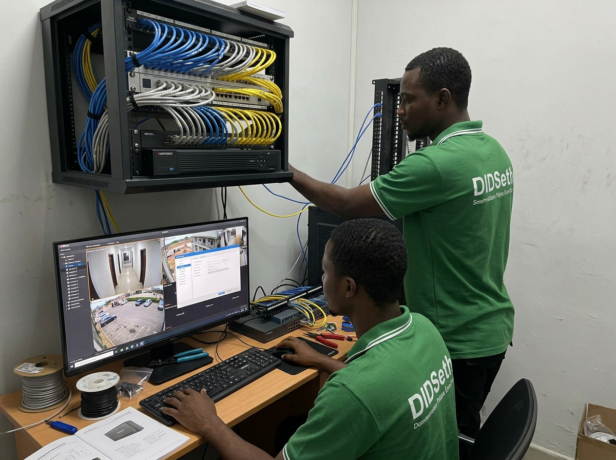 Engineers configuring an NVR rack and monitor wall in a control room