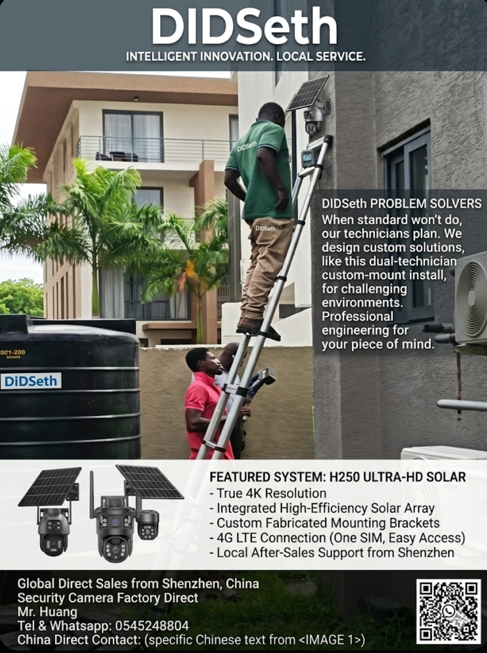 DIDSeth dual-technician custom-mount install of a 4K solar PTZ camera on a residential facade